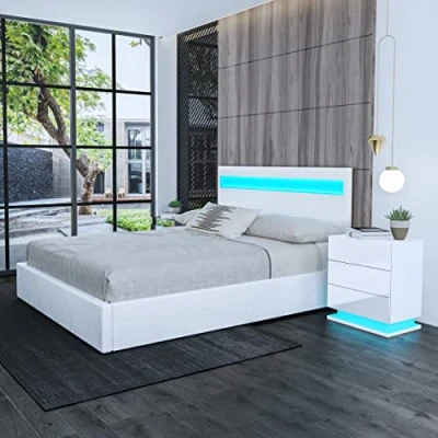 Image of Chebinsiti Ottoman Bed, Double Size Upholstered Bed Frame 4ft6 Storage Gas Lift with LED Lights Faux Leather Bedroom Furniture White