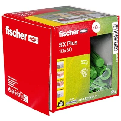 Image of fischer 567811 Expansion SX Plus Green 10 x 50, Box of 45 Sustainable, Purpose dowels Made from Renewable raw Materials, Optimal Hold, Solid, aerated Concrete, Perforated Bricks and Much, Greenline