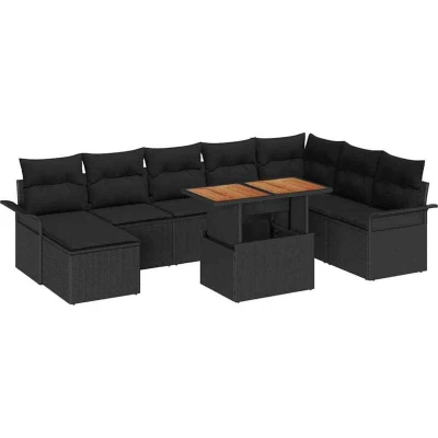Image of vidaXL 9 Piece Garden Dining Set with Cushions Black Poly Rattan Acacia