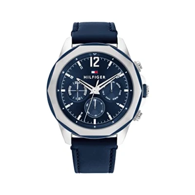 Image of Tommy Hilfiger Analogue Multifunction Quartz Watch for Men with Navy Blue Leather Strap 1792063