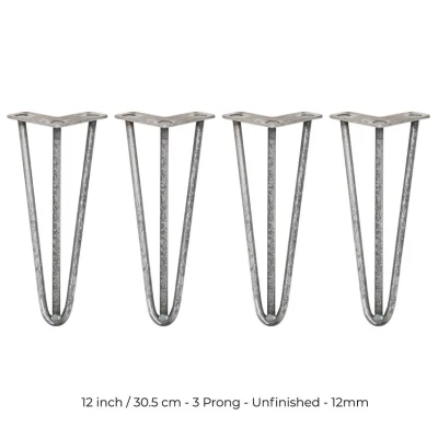 Image of SKISKI Legs 4 x Hairpin / Hair Pin Set Furniture Desk Bench Chair Table 12&quot; 3 Prong 12mm Raw Steel &amp; Protector Feet