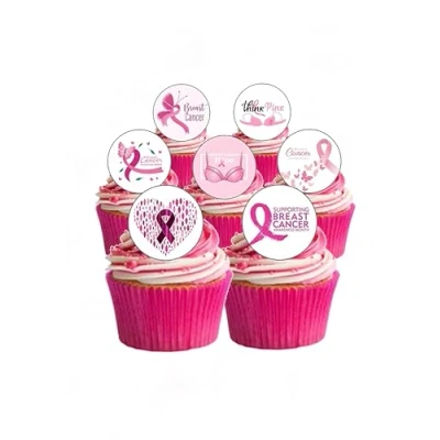 Image of Top That 24 Precut Round Breast Cancer Awareness Charity Edible Wafer paper Cake Cupcake Toppers