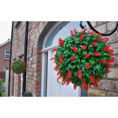 Image of Best Artificial Pair of 28cm Lush Red Long Leaf Lavender Hanging Flower Balls Topiary Grass **UV Fade Protected**