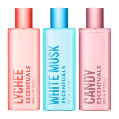 Image of Escentuals Womens Soft Tropical Layering Set, Lychee, White Musk and Candy Body Mist Spray Mixed Fragrance Bundle 250ml (Pack of 3)