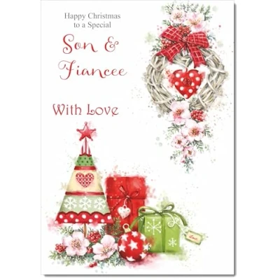 Image of doodlecards Son and Fiancee Christmas Card Heart Decorations Large A4 Size for &amp; with Plain Envelope