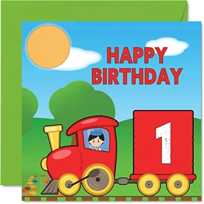 Image of 1st Birthday Card Unisex Train Happy for 1 Year Old Son Daughter Brother Sister Grandson Granddaughter Niece Nephew Cousin, 145mm x Greeting