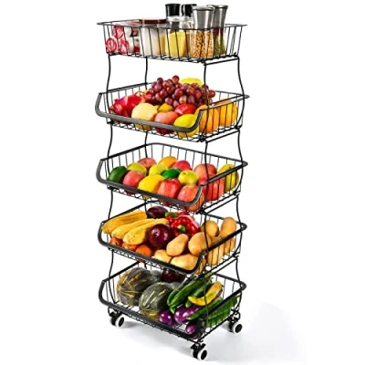 Image of Mchoter Fruit Vegetable Storage Basket, 5 Tier Stackable Metal Wire Baskets with Wheels, Produce Basket Organizer Bins for Kitchen, Pantry, Bathroom, Black