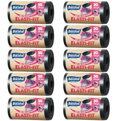 Image of Bacofoil Elasti Fit Bin Liners with Drawstring Handles 50L Leak Proof Bag Elastic Fastening for a Secure (10 Rolls, 100 Bags)…