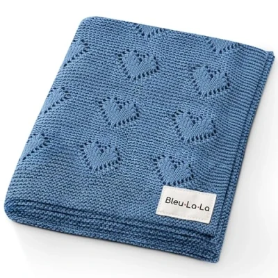 Image of Bleu La 100% Cotton Unisex Knit Swaddle Baby Blanket for Girls and Boys Soft Warm Cozy Swaddler Receiving Cuddle Stroller Crib Heart Newborns, Infants Toddlers (Denim Blue)