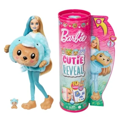 Image of Barbie Cutie Reveal Doll &amp; Accessories with Animal Plush Costume 10 Surprises Including Color Change, Teddy Bear as Dolphin in Themed Series, HRK25