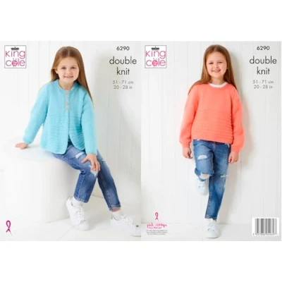 Image of King Cole Girls Knitting Pattern Double Knit DK Childs Cardigan &amp; Sweater (6290)