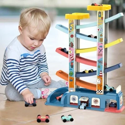 Image of Car Ramp Toys Zig Zag Slide Toddler Race Track with 8 Racing Cars Click Clack Speed Ramps for over 3 Years Old Boy Kids