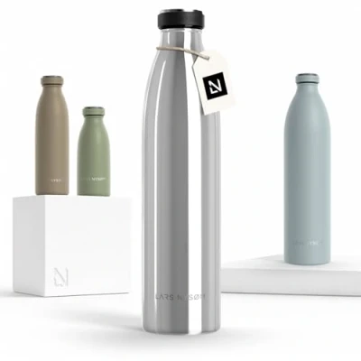 Image of LARS NYSØM Stainless Steel Insulated Water Bottle 12oz 17oz 25oz 34oz 51oz Thermo Flask for Hot and Cold Beverages Leakproof Drinking (Mirror Silver, 1000ml)