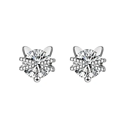 Image of KristLand 925 Sterling Silver White Gold Plated Cat Studs Earrings With Cubic Zirconia Jewelry for Ladies Girls Women 6mm