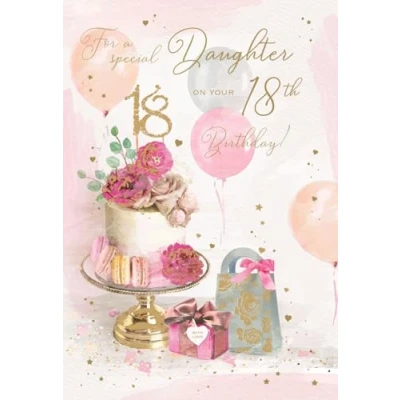 Image of ICG Special Daughter 18th Birthday Card Age 18 Floral Cake with Balloons and Presents a Foil Flitter Finish