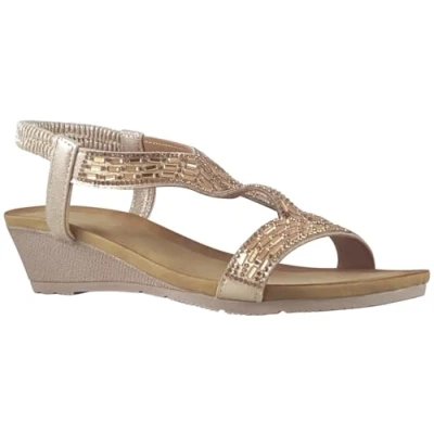 Image of Jo &amp; Joe Ladies Mid Heel Wedge Comfort Sandal with Glitzy Jewels and Elasticated Slingback Strap, Flexible sole sizes 4 8 (Rose Gold, UK Footwear Size System, Adult, Women, Numeric, Medium, 6)