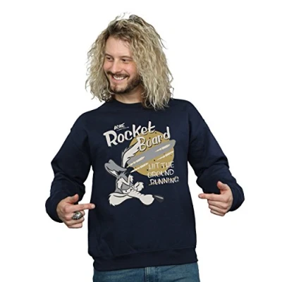 Image of Looney Tunes Men&#039;s Wile E Coyote Rocket Board Sweatshirt Large Navy Blue