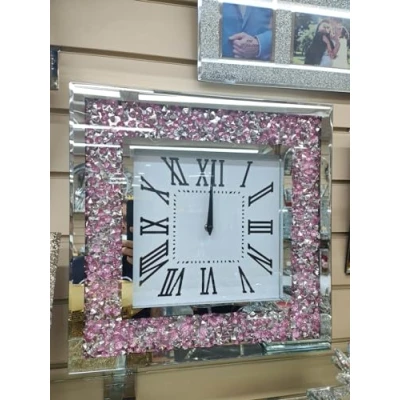 Image of Biznest 40X40Cm Pink Silver Crystal Crushed Diamond Mirror Jewel Roman Wall Clock Loose Diamante Mount