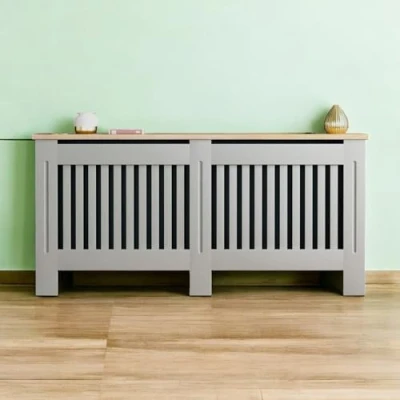 Image of Top Home Solutions® Radiator Cover MDF Heating with Bamboo Wooden Shelf for Storage &amp; Decoration, Vertical Slats Grill, Clip on Safety 83 x 172 19 cm (Grey, Extra Large)