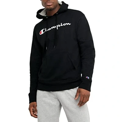 Image of Champion Men&#039;s Graphic Powerblend Fleece Hood Sweatshirt, Black/Champion Script, XL