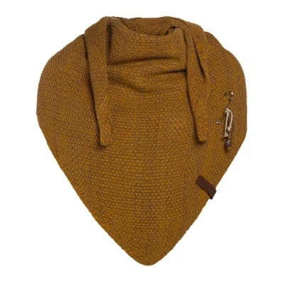 Image of Knit Factory Coco Knitted Shawl Triangle scarf Women Ochre/Tobacco winter 190x85 cm Manufactured in Europe Ladies Including decorative pin