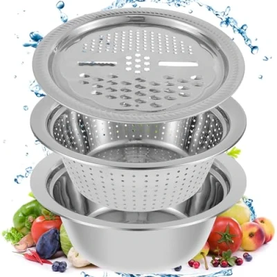 Image of Stainless Steel Colander Strainer Bowl Set with Kitchen Grater 26cm Mixing Rice Vegetable Wash Basket Multipurpose Food Slicer for Draining Pasta Noodles Fruit