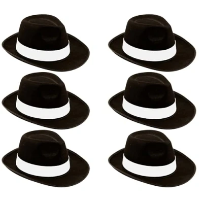 Image of Quickdraw (Pack of 6) Adults Gangster Hat Black with White Band Mens Mafia Detective Trilby Fancy Dress Costume Accessory