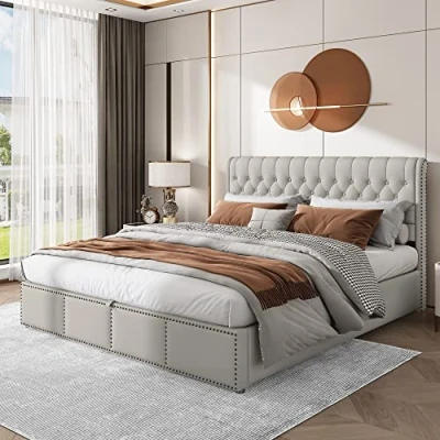 Image of Merax Ottoman Storage Bed Upholstered Double Luxurious Velvet Button FunctionalStorage with Hydraulic Lever (4ft6,135 * 190) in Light Grey Without Matress
