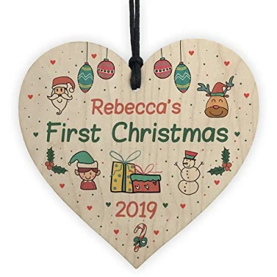 Image of RED OCEAN Personalised Baby&#039;s First 1st Christmas Bauble Wood Heart Tree Decoration Keepsake