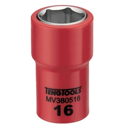 Image of Teng Tools 3/8 Inch Drive 16MM Metric 6 Point 1000 Volt Shallow Insulated Socket Electricians Tool Electrical MV380516