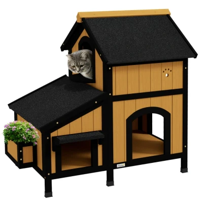 Image of PawHut Wooden Outdoor Cat House with Flower Pot, Windows, Multiple Entrances, Water Resistant Roof Yellow