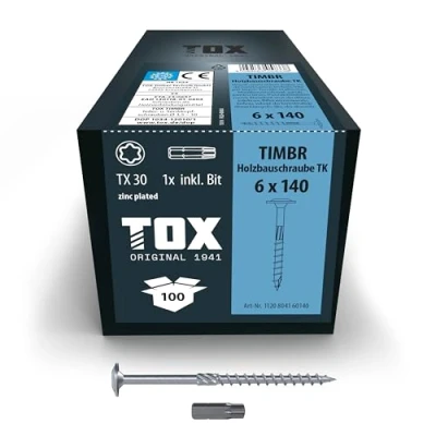 Image of TOX Timbr TK 1120804160140 Wood Screws 6.0 x 140 mm, Blue Galvanised with Flat Head, TX30, for Easy Screwing and High Load Capacity in Construction, Pack of 100, Includes 1x Bit