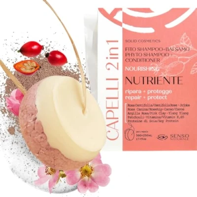 Image of Senso Naturale Nourishing solid shampoo repair dry hair, split ends, nourishes damaged ecological and vegan, rose hips, pink tone, ylang ylang, natural plastic free