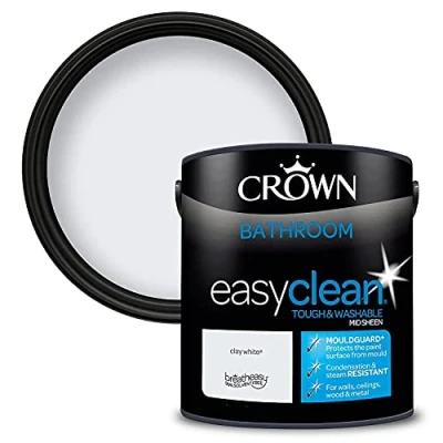 Image of 2.5L CROWN Easyclean Bathroom MID SHEEN Emulsion Multi Surface Paint With MOULDGUARD+ That can be Used on Walls, Ceilings, Wood and Metal. Stain &amp; Scrub Resistant Formula Clay White