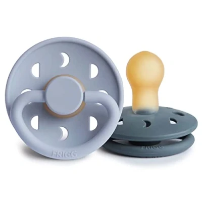 Image of FRIGG Moon Phase Latex Pacifier Pack of 2 Natural Rubber Soother Dummy BPA Free Made in Denmark Symmetrical Cherry Shaped Nipple (Powder Blue/Slate, Size 1 (0 6 Months))