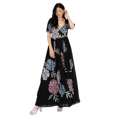 Image of Maya Deluxe Women&#039;s Maxi Dress Ladies Embellished Floral Sweetheart Neckline for Wedding Guest Bridesmaid Occasion Prom Ball Gown, Black, 10