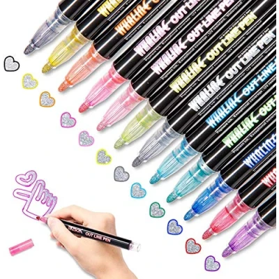 Image of Whaline Double Line Outline Pens, 12 Colours Metallic Markers Glitter Writing Drawing Doodle Pens for Christmas Card Writing, Birthday Greeting, Scrap Booking, DIY Art Crafts