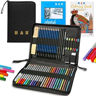 Image of H &amp; B Coloured Pencil,Artist Colouring Pencil,Professional Drawing Pencil Set for Children,Artists Adult,Painter Ideal Sketching Kids (51 colorful pencils with sketch pad and book)