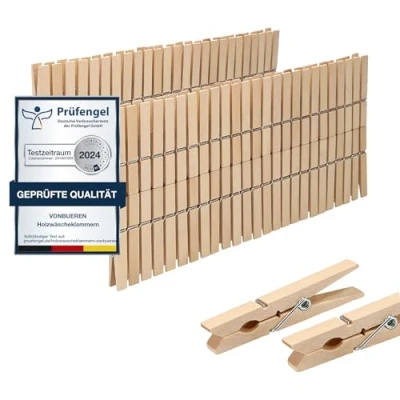 Image of VonBueren 100 x Large Wooden Clothes Pegs Made from Sustainable Untreated Birch Wood Also for Crafts
