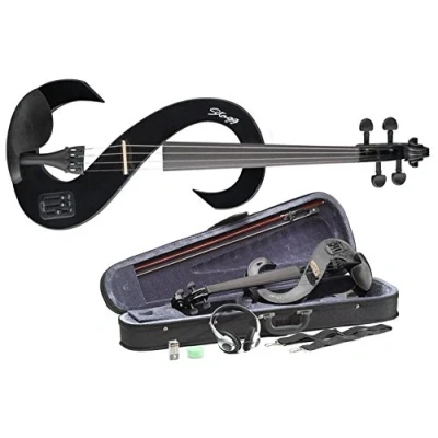Image of Stagg Full Size 4/4 Electric Silent Violin Set with Bow, Hard Case, Strap, Stereo Headphones and Rosin, Black, S Shape