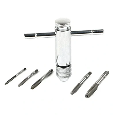 Image of MALAYAS HSS M3 M8 3mm 8mm T Handle Reversible Ratchet Wrench Tapping Threading Tool Set with 5 Hand Screw Tap