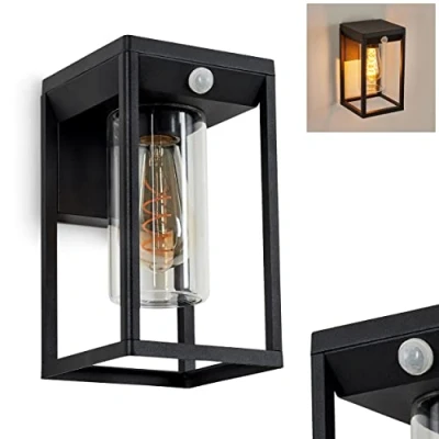 Image of hofstein Palanga Outdoor Wall lamp, Metal/Glass lamp in Black/Clear, downwards with Motion Detector and Light Effect for Terrace/Entrance Area, 1 x E27, Without Bulb