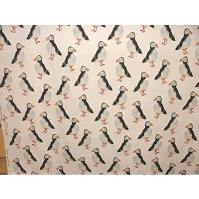 Image of 1m Puffin Birds Black Coastal Nautical Seaside Theme Cotton Curtain Upholstery Fabric