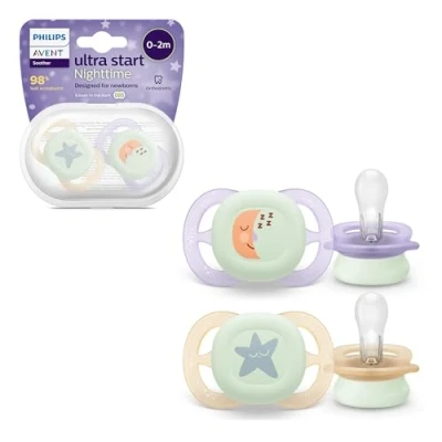 Image of Philips Avent Ultra Start Nighttime Soothers, Orthodontic Dummies for Newborns 0 2 Months, Glow in The Dark, Silicone Symmetrical Teat, BPA Free, with Sterilising/Carrying Case, Pack, SCF075/07