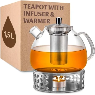 Image of Cosumy Teapot with Infuser and Warmer 1.5 litres Keeps Warm for a Long Time Dishwasher Safe Glass Tea Maker Large