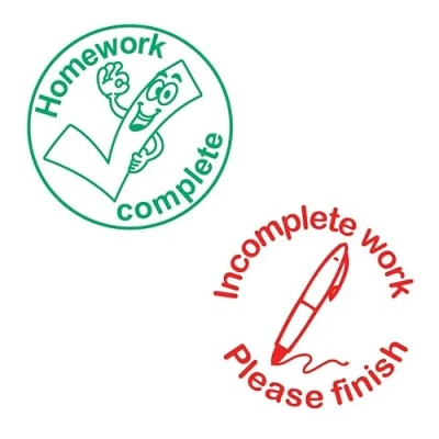 Image of Incomplete Work/Please Finish &amp; Homework Complete. 2 x Self Inking Teacher Stamps, Reinkable. 22mm