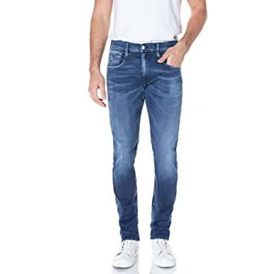 Image of REPLAY Men&#039;s M914Y Anbass Hyperflex White Shades Jeans, Medium Blue 009, 32W / 34L