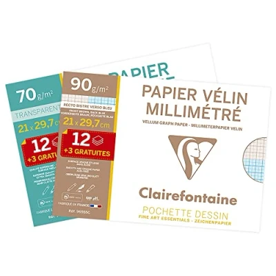 Image of Clairefontaine Ref 196854AMZC Millimetre (90gsm, 15 Sheets) and Tracing Paper (70/75gsm, A3 (420 x 297mm) in Size, Double Pack of