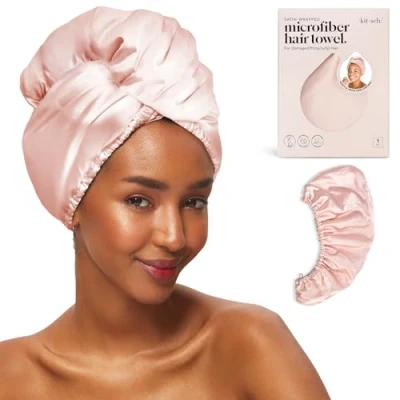 Image of Kitsch Satin Wrapped Microfiber Hair Towel Fast Dry Curly Wraps for Women Wet Drying Wrap Towels Turban (Blush)