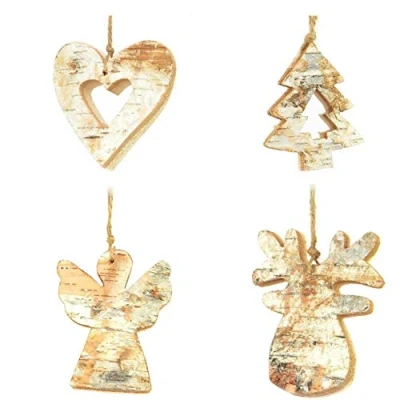 Image of Set Of 4pcs Hand Crafted 8cm Real Wooden Christmas Ornament Tree Hanging Decorations Xmas Home Décor Angel Reindeer Heart Each